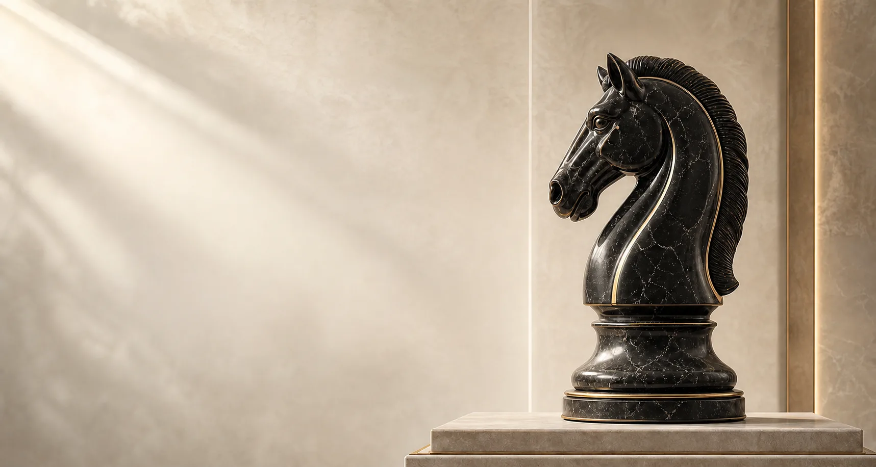 Regal black-marble chess knight with restrained champagne-gold detailing